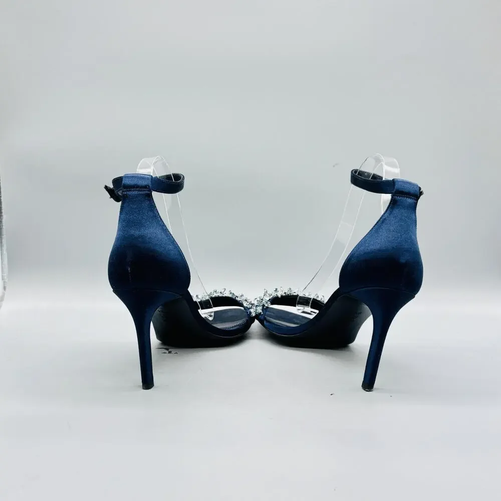 Tory Burch Navy Blue Crystal Embellished Ankle Strap Heels